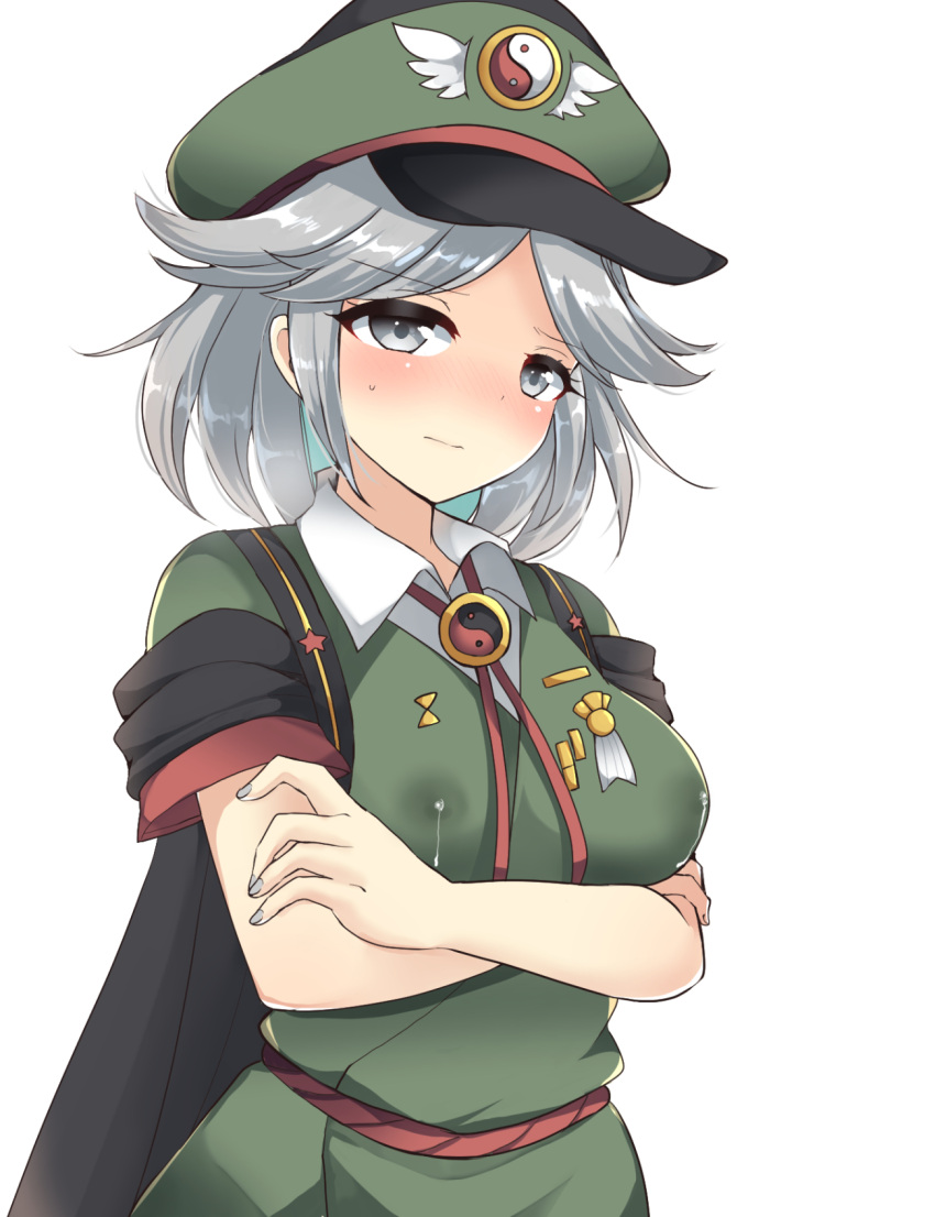 1girl black_cape blush breasts cape closed_mouth collared_shirt commentary_request crossed_arms fujiwara_no_shirogane_no_sanra genderswap genderswap_(otf) green_headwear grey_eyes grey_hair hat highres lactation lactation_through_clothes len'en medium_breasts medium_hair military military_hat military_uniform nose_blush ougi_hina shirt simple_background solo sweat uniform upper_body white_background white_shirt yin_yang