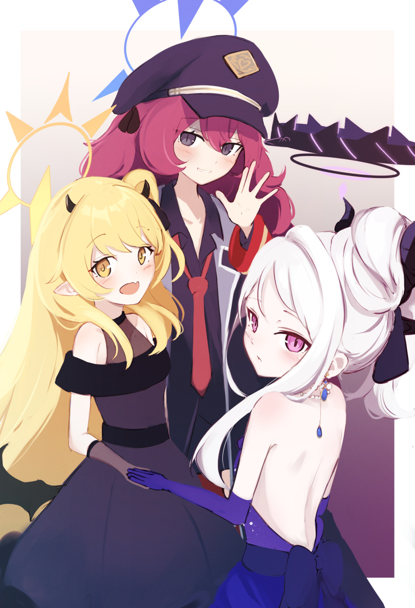 3girls absurdres back black_coat black_dress black_gloves black_headwear black_horns black_shirt black_wings blonde_hair blue_archive blue_halo blush coat collared_shirt dangle_earrings demon_horns dress earrings elbow_gloves fang gloves grey_eyes halo hat highres hina_(blue_archive) hina_(dress)_(blue_archive) horns ibuki_(blue_archive) ibuki_(dress)_(blue_archive) iroha_(blue_archive) jewelry long_hair multiple_girls necklace necktie official_alternate_costume official_alternate_hairstyle open_mouth parted_lips peaked_cap pointy_ears purple_dress purple_eyes purple_gloves red_hair red_necktie shirt skin_fang sky_jio smile strapless strapless_dress white_hair wings yellow_eyes yellow_halo