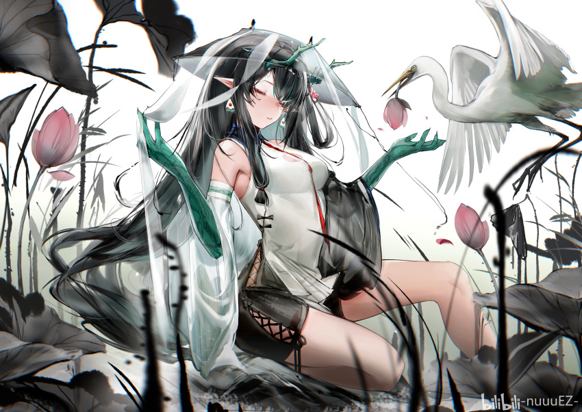 1girl absurdres arknights artist_name bare_shoulders bird black_hair black_shorts breasts cleavage cleavage_cutout closed_eyes clothing_cutout colored_skin commentary cross-laced_clothes cross-laced_shorts detached_sleeves dragon_girl dragon_horns dusk_(arknights) earrings feet_out_of_frame flower gradient_skin green_hair green_horns green_skin hair_flower hair_ornament hands_up highres horns jewelry long_hair multicolored_hair necktie nuez parted_lips pink_flower pointy_ears red_necktie see-through_headwear shirt shorts sleeveless sleeveless_shirt solo streaked_hair symbol-only_commentary veil very_long_hair white_shirt wide_sleeves