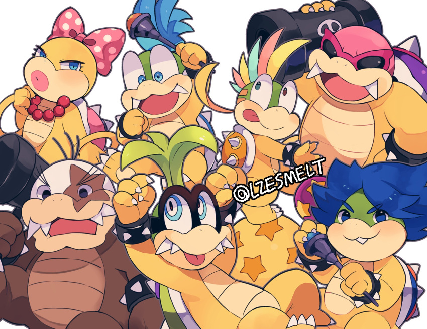 :d arms_up artist_name ball bead_necklace beads black_eyes blue_eyes blue_hair bow bracelet brown_eyes fangs green_hair hammer heterochromia highres holding holding_hammer holding_wand iggy_koopa jewelry koopalings larry_koopa lemmy_koopa ludwig_von_koopa lzesmelt mario_(series) mohawk morton_koopa_jr. multicolored_hair necklace pink_hair polka_dot polka_dot_bow roy_koopa simple_background smile spiked_bracelet spikes sunglasses super_mario_bros._3 wand wendy_o._koopa