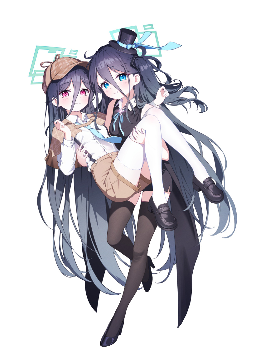 &lt;key&gt;_(blue_archive) 2girls absurdly_long_hair absurdres alternate_costume aris_(blue_archive) black_footwear black_hair black_headwear black_skirt black_thighhighs blue_archive blue_eyes blue_halo blush brown_capelet brown_headwear brown_shorts capelet closed_mouth collared_shirt detective full_body halo hat high_heels highres long_hair long_sleeves mini_hat mini_top_hat multiple_girls one_side_up red_eyes shirt shoes shorts simple_background skirt sleeveless smile supersugar thighhighs top_hat very_long_hair white_background white_shirt white_thighhighs
