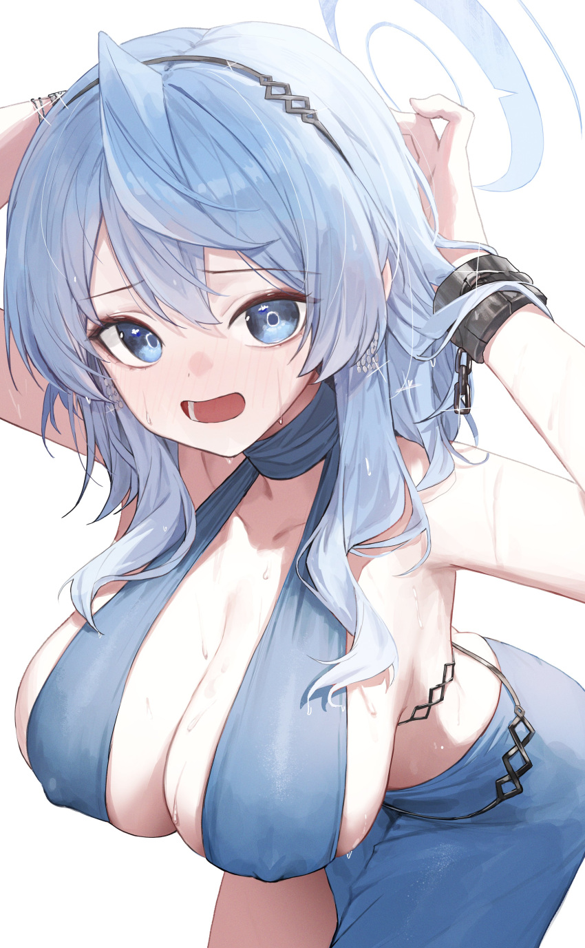 1girl absurdres ako_(blue_archive) ako_(dress)_(blue_archive) black_hairband blue_archive blue_dress blue_eyes blue_hair blue_halo blush breasts collarbone cowboy_shot cuffs dress earrings gnns hair_between_eyes hairband halo handcuffs highres jewelry large_breasts long_hair looking_at_viewer open_mouth sideboob simple_background solo sweat white_background