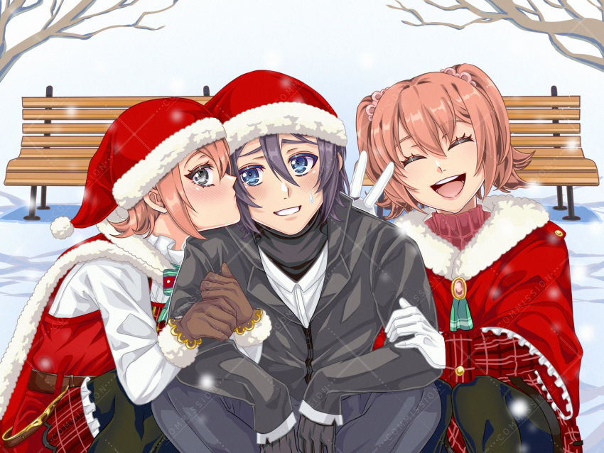 3girls belt blue_eyes blush branch brown_gloves closed_eyes coat commentary commission eiyuu_densetsu english_commentary eyelashes fran_seeker fur-trimmed_coat fur_trim gloves grey_eyes hair_between_eyes hat highres hug kiss multiple_girls noel_seeker open_mouth original outdoors red_coat red_sweater santa_hat sitting smile snow sweatdrop sweater teeth turtleneck turtleneck_sweater twintails upper_teeth_only white_gloves wooden_bench yuzukiyo zero_no_kiseki