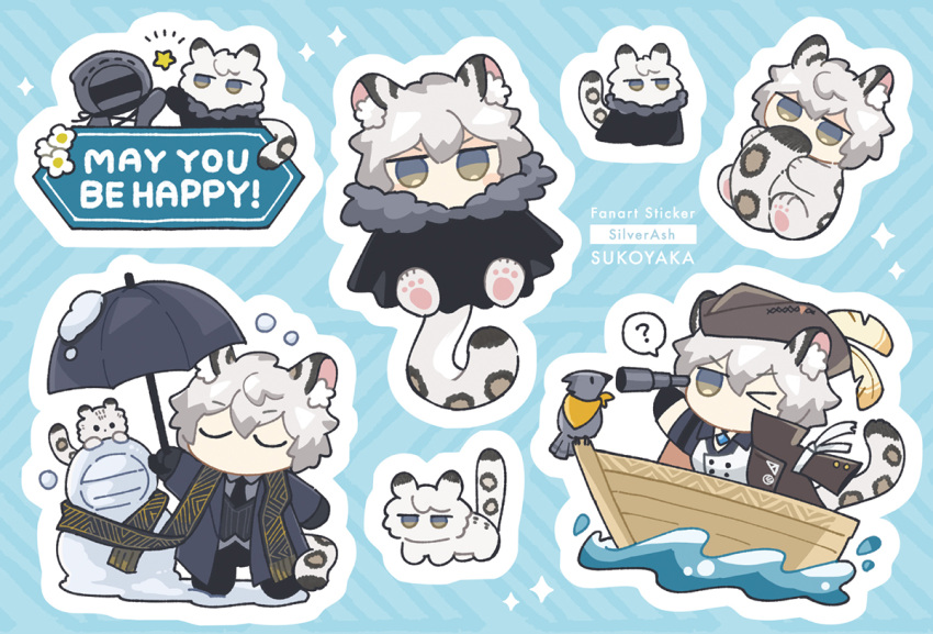 &gt;_o 1boy 1other ? animal_ear_fluff animal_ears animalization arknights artist_name black_jacket black_necktie black_pants blue_background boat brown_headwear chibi coat commentary_request doctor_(arknights) english_text fur-trimmed_coat fur_trim grey_eyes grey_hair hat hat_feather holding holding_telescope holding_umbrella hood hugging_own_tail hugging_tail jacket leopard_boy leopard_ears leopard_tail mask multiple_views necktie official_alternate_costume one_eye_closed outline pants pirate_hat scarf short_hair silverash_(arknights) silverash_(seeker)_(arknights) silverash_(york's_bise)_(arknights) snow snowman soppos spoken_question_mark star_(symbol) sticker striped_background tail tenzin_(arknights) umbrella vest watercraft white_vest yellow_scarf