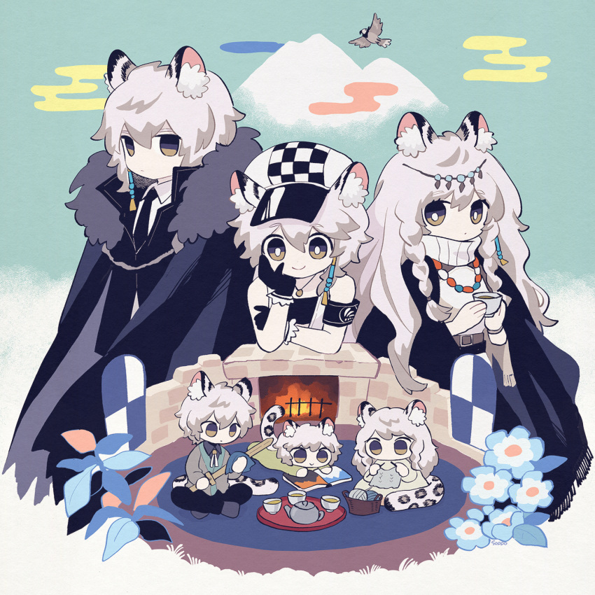 1boy 2girls aged_down animal_ears arknights armband basket bird black_cape black_coat black_necktie black_vest blue_flower book bright_pupils brown_eyes cabbie_hat cape chibi chibi_inset cliffheart_(arknights) coat coat_on_shoulders commentary_request cup earrings egasumi fireplace flower fur-trimmed_coat fur_trim green_sky grey_hair hat hawk head_chain highres holding holding_cup holding_needle holding_sword holding_weapon jewelry kjerag_logo knitting leopard_boy leopard_ears leopard_girl leopard_tail looking_down lying mountain multiple_girls necktie needle on_stomach polishing pramanix_(arknights) reading shirt silverash_(arknights) soppos sword tail tassel tassel_earrings teacup teapot tenzin_(arknights) tray vest weapon white_headwear white_pupils white_shirt yarn yarn_ball