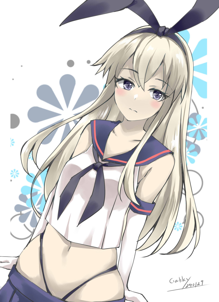 1girl black_hairband black_neckerchief black_panties blonde_hair blue_sailor_collar blue_skirt cowboy_shot crop_top elbow_gloves floral_background gakky gloves grey_eyes hairband highleg highleg_panties highres kantai_collection long_hair looking_at_viewer microskirt miniskirt neckerchief one-hour_drawing_challenge panties pleated_skirt sailor_collar shimakaze_(kancolle) shirt skirt sleeveless sleeveless_shirt solo underwear white_background white_gloves