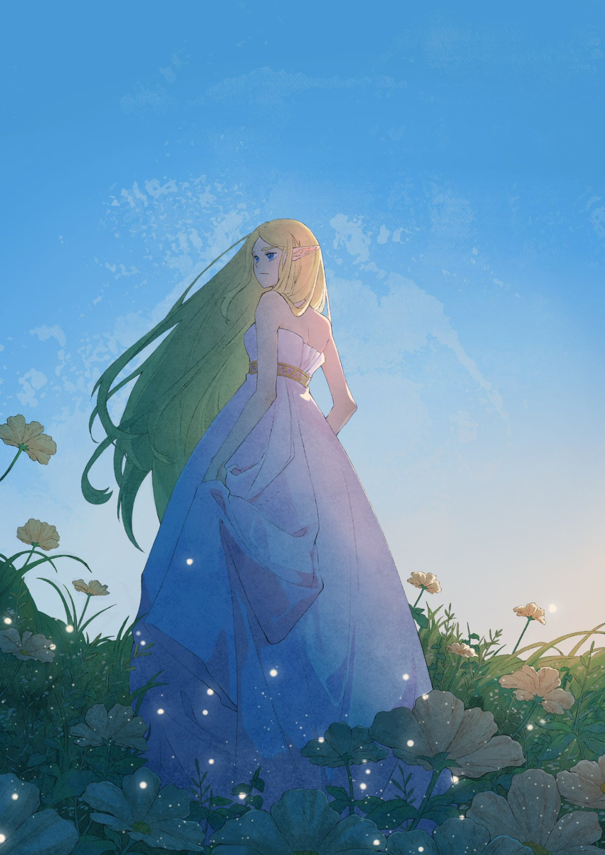 1girl bare_arms bare_shoulders blonde_hair blue_eyes breasts closed_mouth commentary day dress english_commentary field fireflies floating_hair flower flower_field from_behind highres light_particles long_hair long_sleeves looking_to_the_side medium_breasts nature outdoors parted_bangs pointy_ears princess_zelda skirt_hold sky solo standing strapless strapless_dress the_legend_of_zelda the_legend_of_zelda:_breath_of_the_wild very_long_hair white_dress yangyaozigo yellow_flower