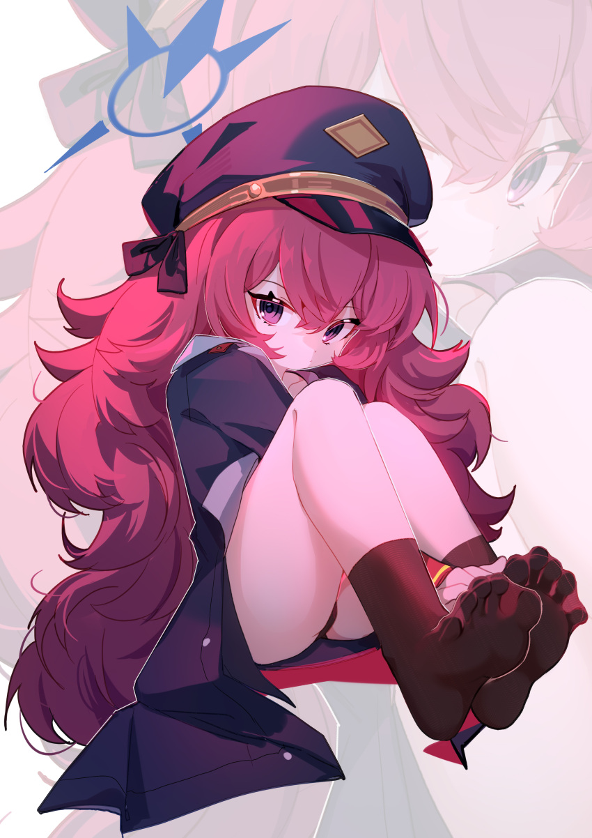 1girl absurdres ass black_coat black_headwear black_socks blue_archive blue_halo closed_mouth coat grey_eyes hair_between_eyes halo hat highres iroha_(blue_archive) long_hair long_sleeves looking_at_viewer peaked_cap peanut_huasheng red_hair simple_background socks soles solo toes white_background zoom_layer