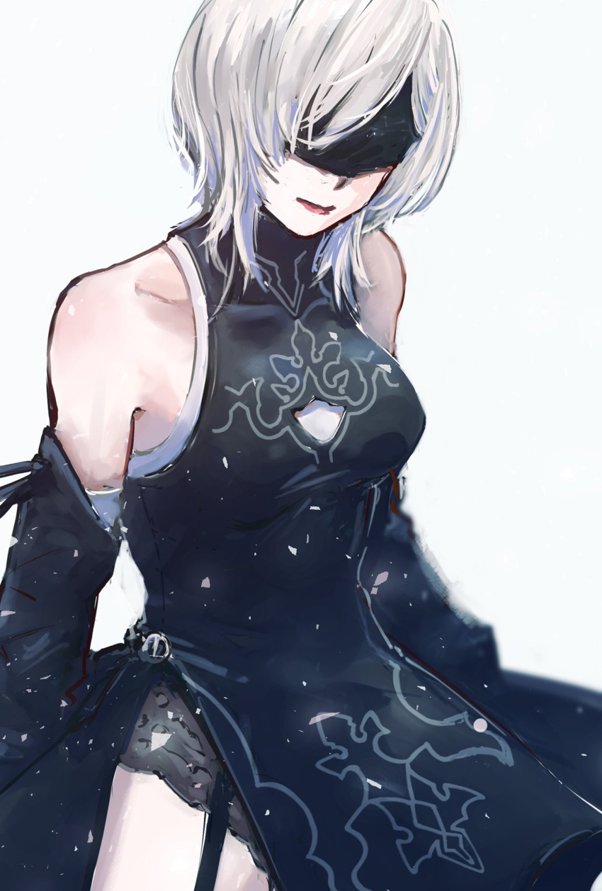 10h_(nier_reincarnation) 1girl bare_shoulders black_dress blindfold closed_mouth clothing_cutout covered_eyes cowboy_shot detached_sleeves dress garter_straps highres leotard medium_hair nier_(series) nier_reincarnation nutori_manga puffy_sleeves side_cutout sketch solo turtleneck_dress white_hair