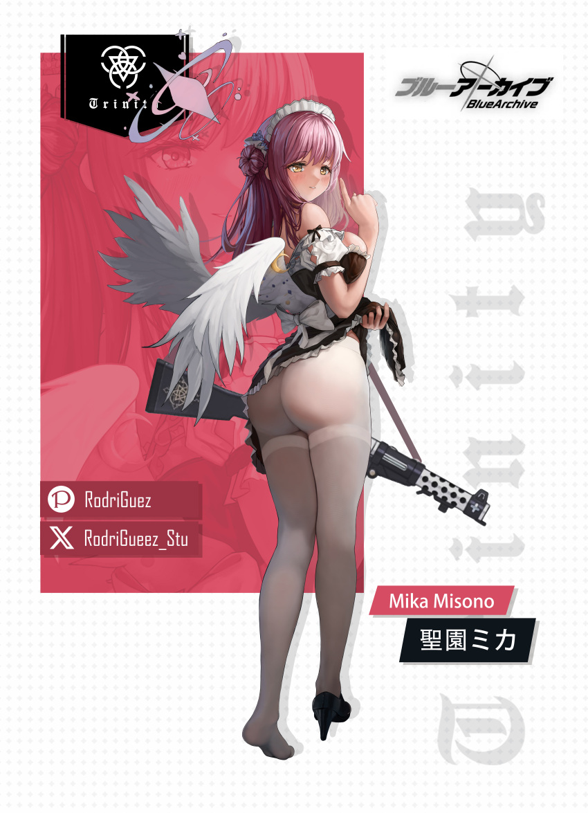 1girl absurdres alternate_costume angel_wings ass bare_shoulders black_footwear blue_archive breasts character_name feathered_wings from_behind full_body gun hair_bun halo high_heels highres lanchester_smg looking_at_viewer looking_back low_wings maid maid_headdress mika_(blue_archive) pantyhose pink_halo rodriguez_(kamwing) simple_background single_side_bun smile solo standing submachine_gun thighs weapon white_wings wing_ornament wings yellow_eyes