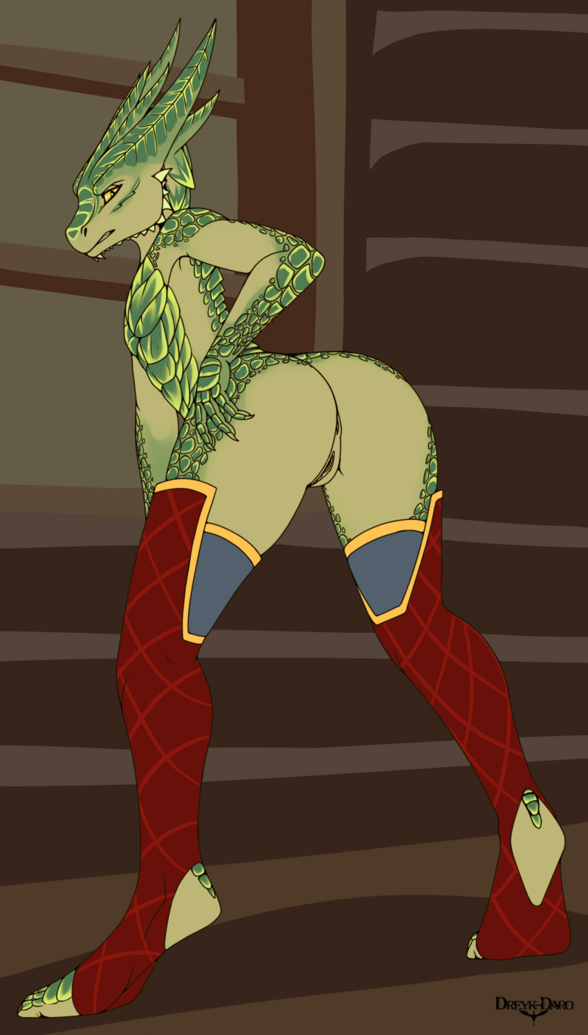 absurd_res annoyed anthro anus big_butt butt clothing dragonborn_(dnd) dreyk-daro dungeons_and_dragons female flat_chested genitals green_body green_scales hasbro hi_res legwear presenting presenting_hindquarters pritt_yellowbreath pussy red_clothing scales scalie solo stirrup_legwear tailless thigh_highs wizards_of_the_coast yellow_eyes