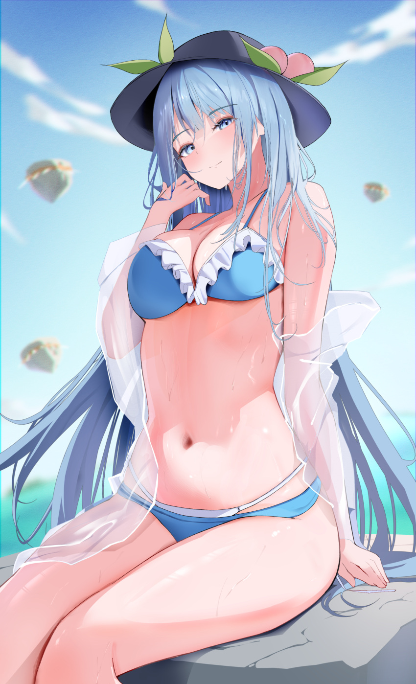 1girl 258n absurdres alternate_eye_color bare_arms bare_shoulders bikini black_headwear blue_bikini blue_eyes blue_hair blush breasts cleavage closed_mouth commentary_request day feet_out_of_frame fruit_hat hat highres hinanawi_tenshi jacket large_breasts long_hair long_sleeves navel outdoors peach_hat_ornament see-through see-through_jacket see-through_sleeves sitting solo swimsuit touhou