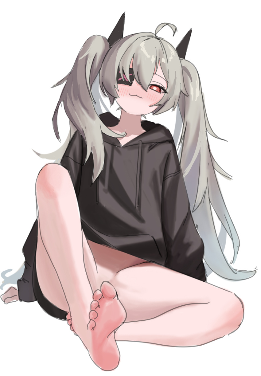 1girl :3 absurdres ahoge arm_support barefoot black_hoodie blush bottomless convenient_censoring djmax eyepatch fail_(djmax) feet full_body grey_hair hair_between_eyes highres hood hoodie long_hair looking_at_viewer red_eyes sitting sketch smug soles solo syc2159 twintails white_background