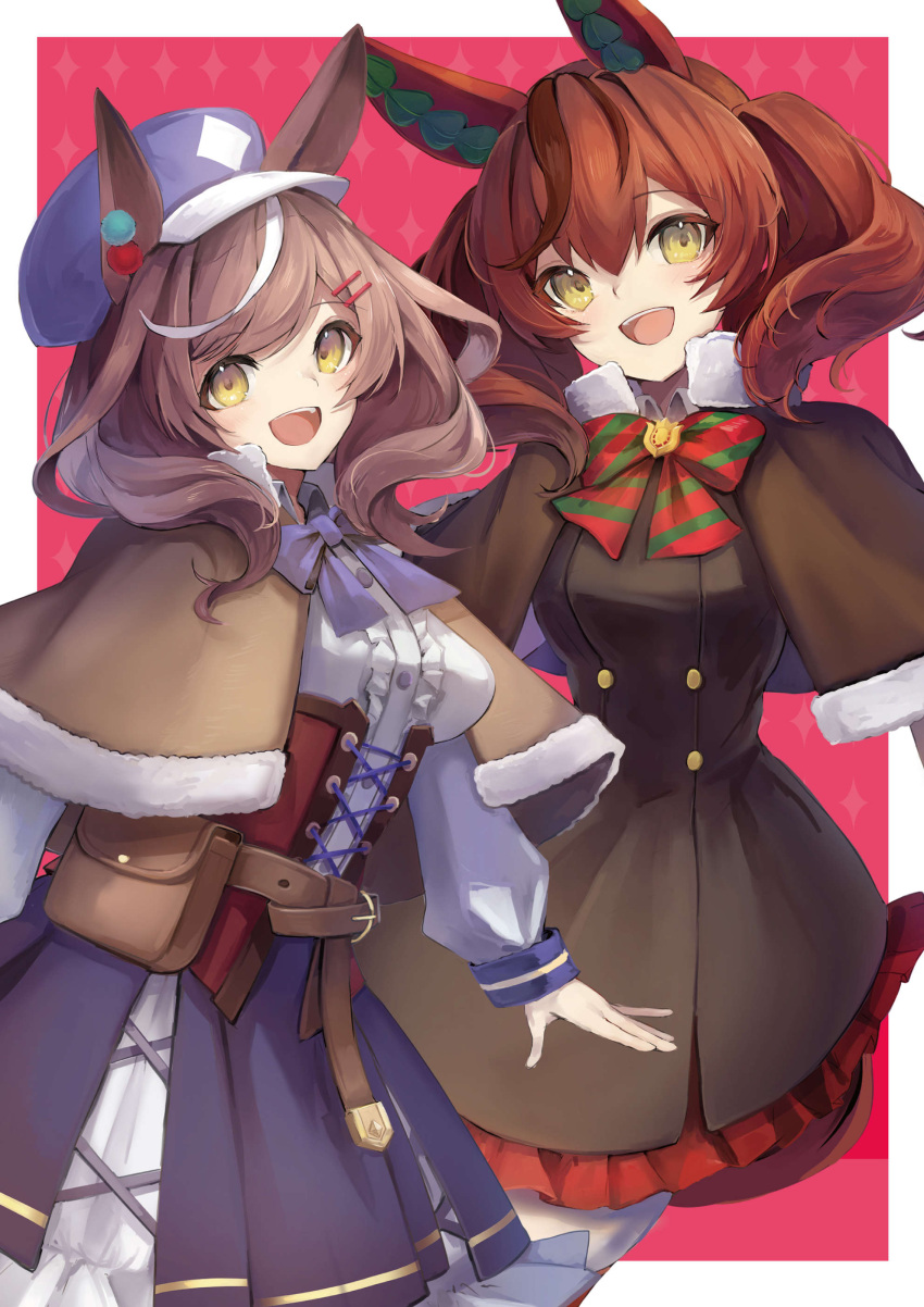 2girls :d absurdres animal_ears belt_bag blue_bow blue_bowtie blue_headwear border bow bowtie brown_capelet brown_hair cabbie_hat capelet corset ear_covers ears_through_headwear fur-trimmed_capelet fur_trim hair_between_eyes hair_ornament hairclip hat highres horse_ears horse_girl horse_tail long_sleeves looking_at_viewer matikane_tannhauser_(umamusume) medium_hair multicolored_hair multiple_girls nice_nature_(umamusume) red_bow red_bowtie sashimi0gou smile streaked_hair striped_bow striped_bowtie striped_clothes tail tilted_headwear twintails umamusume white_border yellow_eyes