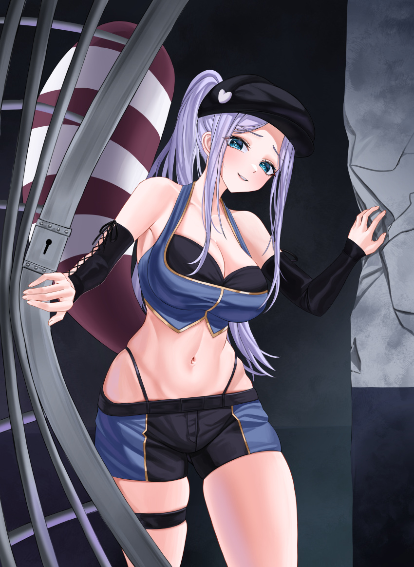 1girl absurdres bare_shoulders black_shirt black_shorts blue_eyes blue_shirt breasts cabbie_hat cleavage commission cowboy_shot crop_top detached_sleeves gold_trim grin halterneck hat highleg highres large_breasts long_hair long_sleeves looking_at_viewer midriff navel nyanbutter original outstretched_arms panty_straps ponytail shirt short_shorts shorts sidelocks skindentation sleeveless sleeveless_shirt smile solo standing stomach tail thigh_strap thighs two-tone_shorts white_hair