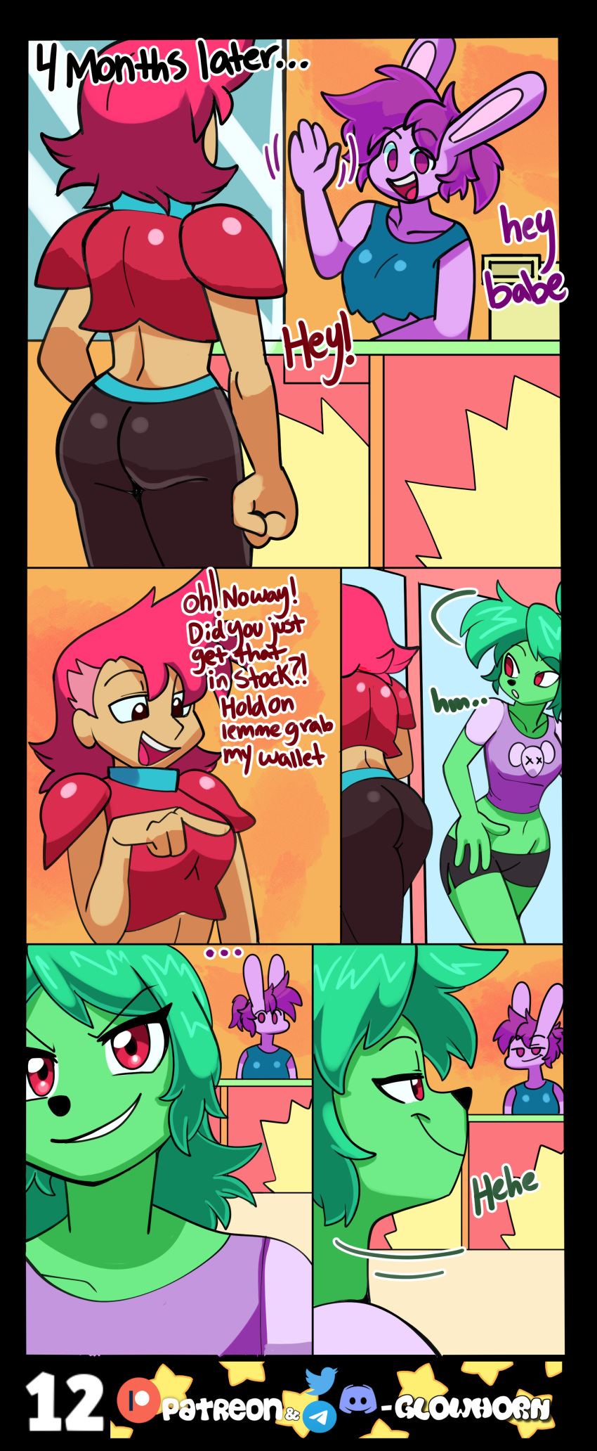 absurd_res anthro bottomwear brainwashing bunny_enid cartoon_network cheating_girlfriend clothing comic corruption desk dialogue doorway duo enid_(ok_k.o.!_lbh) evil_face evil_grin evil_look female female/female fink_(ok_k.o.!_lbh) fur furniture gesture glowhorn green_body green_fur green_hair grin hair hi_res human hypnosis imminent_sex infidelity lagomorph leaving leporid looking_at_another looking_back mammal mind_control murid murine ok_k.o.!_let's_be_heroes pants pointing ponytail purple_body purple_eyes purple_fur purple_hair rabbit rat red_action_(ok_k.o.!_lbh) red_eyes red_hair rodent shirt shorts simple_background smile smirk smug store table topwear wave waving