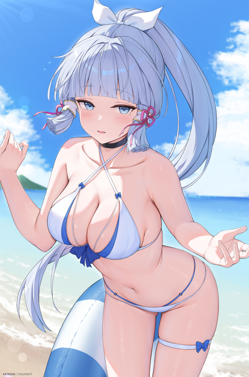 1girl absurdres bare_shoulders beach bikini black_choker blue_bikini blue_eyes blue_hair blue_innertube blue_sky blunt_bangs bow breasts choker cleavage cloud cloudy_sky collarbone commentary_request criss-cross_halter genshin_impact hair_bow hair_ornament hair_ribbon hair_tubes halterneck highres horizon kamisato_ayaka large_breasts leaning_forward light_blue_hair looking_at_viewer mole mole_under_eye mountainous_horizon ocean open_mouth outdoors pink_ribbon ponytail ribbon rosumerii sidelocks sky solo swimsuit thigh_strap white_bikini white_bow