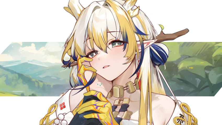 1girl arknights bare_shoulders blonde_hair blue_hair blush branch bright_pupils collarbone colored_skin dragon_horns earrings green_eyes hand_on_another's_cheek hand_on_another's_face holding holding_weapon horns jewelry long_wuxian looking_at_viewer multicolored_hair necklace outside_border parted_lips pointy_ears pov shu_(arknights) solo upper_body weapon white_hair yellow_skin