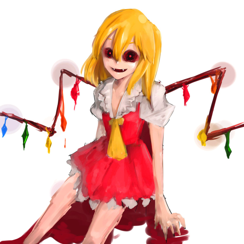 1girl ascot collarbone collared_shirt crazy_eyes fangs feet_out_of_frame fingernails flandre_scarlet hair_between_eyes highres looking_at_viewer medium_hair multicolored_wings no_headwear nurif open_mouth puffy_short_sleeves puffy_sleeves red_eyes red_skirt red_vest sharp_fingernails shirt short_sleeves simple_background skirt solo touhou vest white_background white_shirt wings yellow_ascot