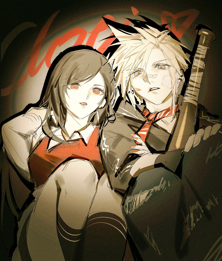 1boy 1girl alternate_costume alternate_universe bandaid bandaid_on_cheek bandaid_on_face bandaid_on_nose baseball_bat black_hair black_jacket black_socks blonde_hair blue_eyes breasts cloud_strife collared_shirt contemporary couple duoj_ji earrings feet_out_of_frame final_fantasy final_fantasy_vii final_fantasy_vii_remake hand_on_another's_arm highres holding_another's_arm jacket jewelry lipstick_mark long_hair looking_at_viewer necktie pants parted_lips red_eyes red_lips red_nails red_necktie red_sweater_vest school_uniform shirt short_hair single_earring sitting socks spiked_hair sweater_vest teardrop_earrings tifa_lockhart torn_clothes torn_pants white_shirt