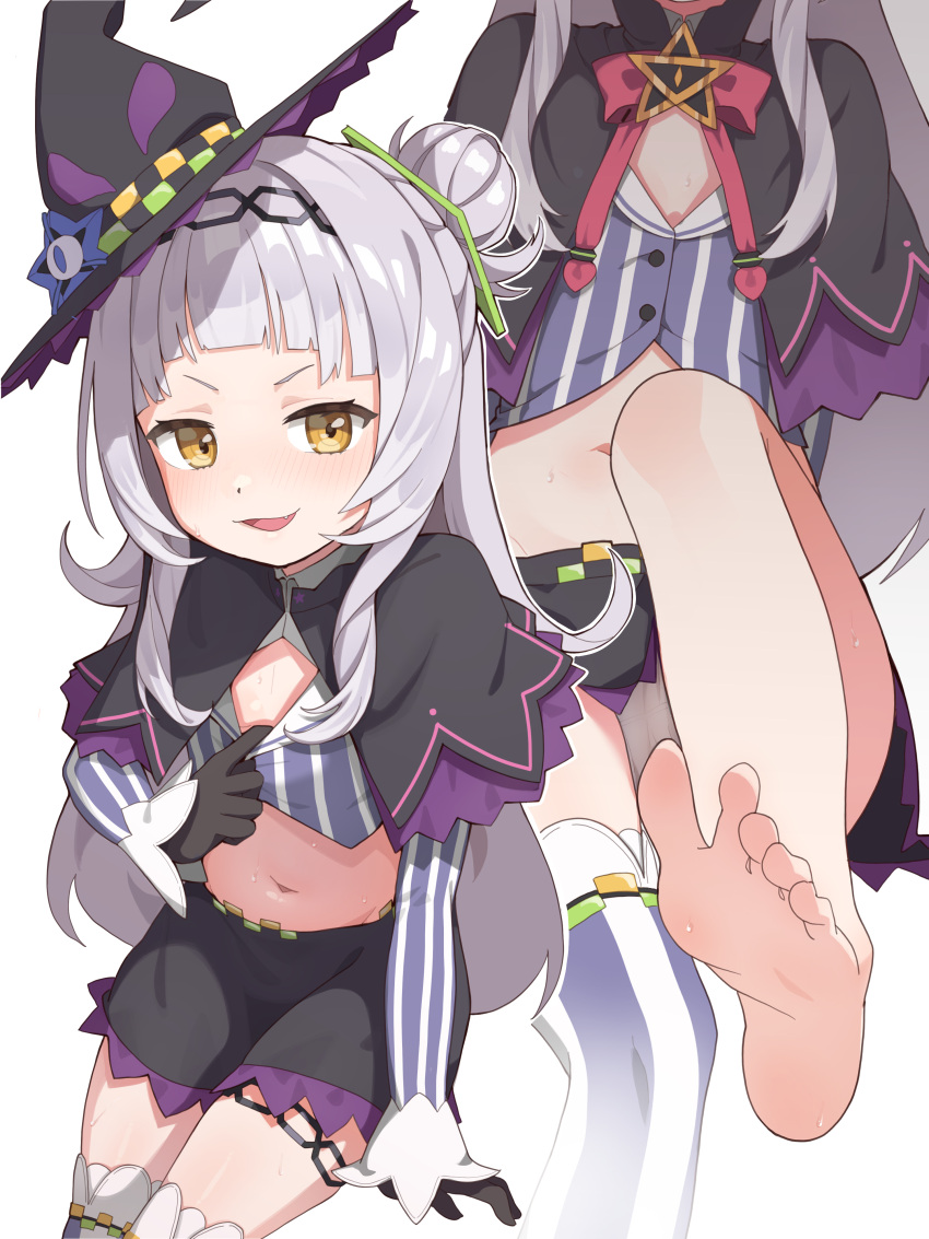 1girl absurdres barefoot black_capelet black_gloves black_skirt blunt_bangs blush capelet commentary fang feet foot_focus gloves grey_hair hair_bun hat highres hololive leg_up long_hair looking_at_viewer ludo0109 midriff multiple_views murasaki_shion murasaki_shion_(1st_costume) navel paid_reward_available panties pantyshot parted_lips simple_background single_barefoot single_side_bun single_thighhigh skirt smile smug soles striped_clothes striped_thighhighs sweat thighhighs toes underwear v-shaped_eyebrows vertical-striped_clothes vertical-striped_thighhighs white_background white_panties witch_hat yellow_eyes