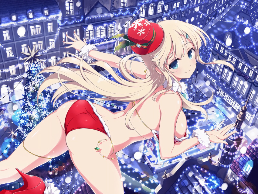 1girl aqua_eyes ass back bikini blonde_hair blue_eyes blush breasts building butt_crack christmas christmas_lights christmas_tree city city_lights cityscape closed_mouth commentary fur-trimmed_bikini fur_collar fur_trim hair_ornament hairclip hat high_heels highres large_breasts long_hair looking_at_viewer median_furrow nail_polish night official_art outdoors red_bikini red_footwear red_headwear red_nails road rooftop santa_bikini senran_kagura senran_kagura_new_link senran_kagura_shoujo-tachi_no_shin'ei sideboob smile snowflakes solo swimsuit third-party_source yaegashi_nan yomi_(senran_kagura)