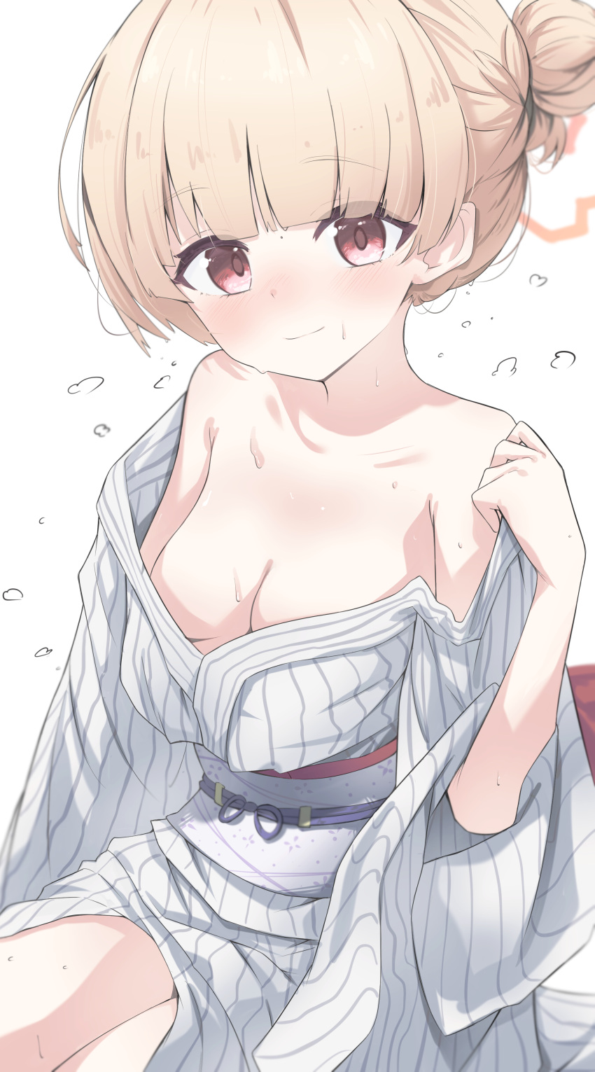 1girl absurdres bare_shoulders blonde_hair blue_archive blush breasts cleavage closed_mouth collarbone commentary_request hair_bun halo haru_haruru515 highres japanese_clothes kimono looking_at_viewer medium_breasts nodoka_(blue_archive) nodoka_(hot_spring)_(blue_archive) obi official_alternate_costume orange_halo red_eyes sash short_hair single_hair_bun smile solo striped_clothes striped_kimono sweat thighs vertical-striped_clothes vertical-striped_kimono white_kimono