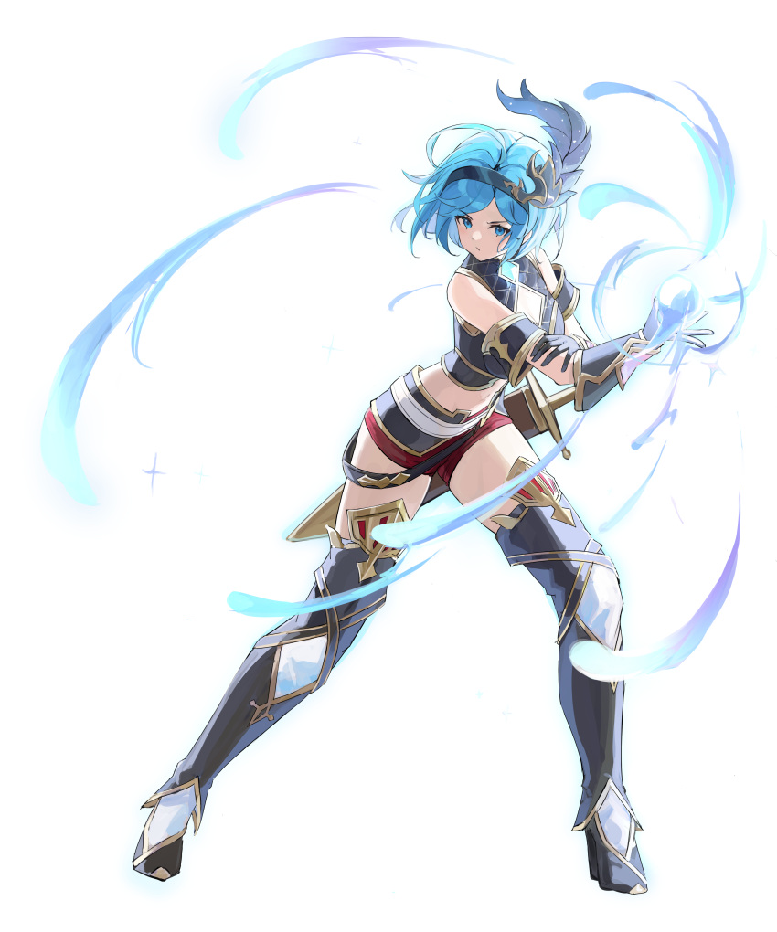 1girl absurdres armor armored_boots black_armor black_shirt blue_eyes blue_hair boots breasts cleavage cleavage_cutout closed_mouth clothing_cutout commentary_request crop_top djeeta_(granblue_fantasy) full_body granblue_fantasy guider_to_the_eternal_edge hair_ornament highres leg_armor looking_at_viewer medium_breasts midriff red_shorts scabbard sheath shiro_wa_(shiroshironix) shirt short_hair shorts simple_background solo sword v-shaped_eyebrows weapon white_background