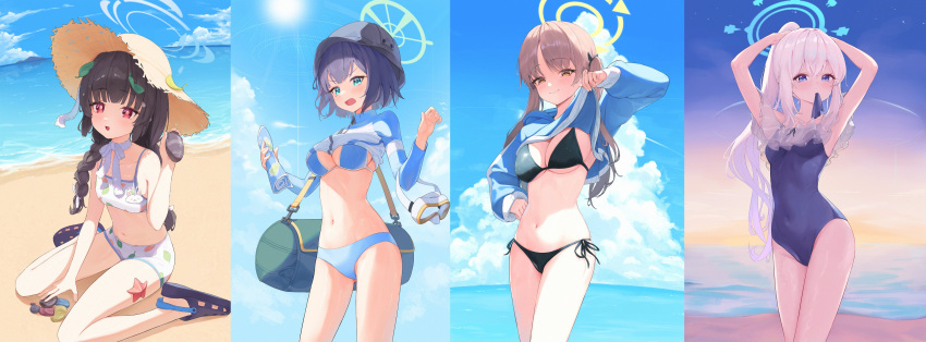 4girls absurdres adjusting_hair aki_(user_mxzg2544) animal ass bag bare_arms bare_legs bare_shoulders beach bikini black_bikini black_footwear black_hair black_headwear blue_archive blue_bikini blue_eyes blue_halo blue_hoodie blue_one-piece_swimsuit blush braid breasts brown_eyes brown_hair casual_one-piece_swimsuit closed_mouth clothes_lift cloud cloudy_sky collarbone crocs day frilled_one-piece_swimsuit frills green_eyes green_halo grey_hair grey_halo hair_between_eyes halo hat highres holding holding_map hood hood_down hoodie hoodie_lift large_breasts leaf leaf_on_head leaf_print lifted_by_self long_hair long_sleeves looking_at_viewer map miyako_(blue_archive) miyako_(swimsuit)_(blue_archive) miyu_(blue_archive) miyu_(swimsuit)_(blue_archive) moe_(blue_archive) moe_(swimsuit)_(blue_archive) mouth_hold multiple_girls navel ocean off-shoulder_one-piece_swimsuit off_shoulder official_alternate_costume official_alternate_hairstyle one-piece_swimsuit open_mouth outdoors ponytail print_bikini rabbit_platoon_(blue_archive) raglan_sleeves red_eyes saki_(blue_archive) saki_(swimsuit)_(blue_archive) short_hair side-tie_bikini_bottom sitting sky small_breasts smile starfish straw_hat swimsuit twin_braids twintails underboob wariza white_bikini yellow_halo