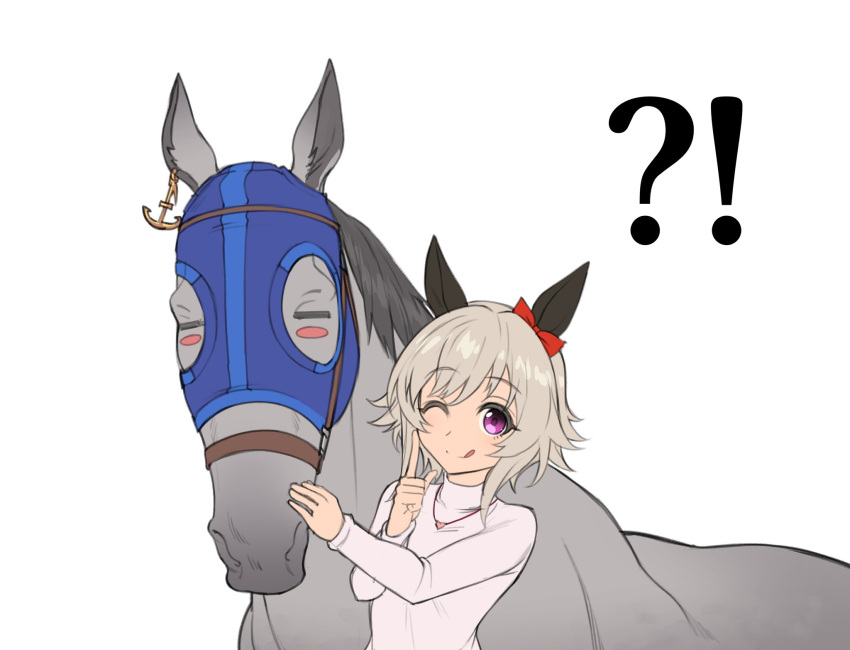 !? 1girl blush blush_stickers bow casual commentary curren_chan_(umamusume) ear_bow ear_covers ear_ornament fukuro_(maruaru00) highres hood horse kurofune_(racehorse) light_brown_hair long_sleeves one_eye_closed pink_shirt purple_eyes real_life red_bow shirt short_hair simple_background tongue tongue_out umamusume white_background