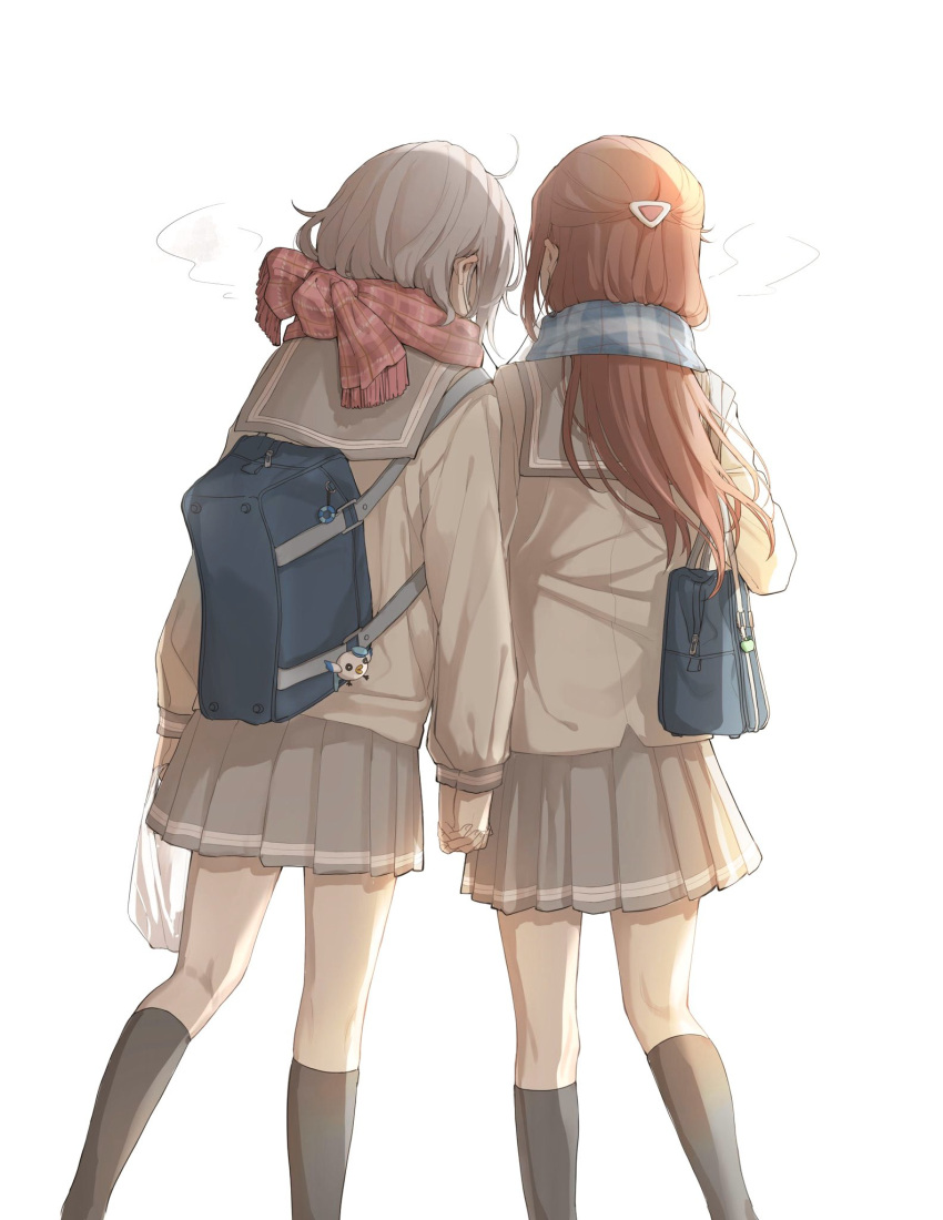 2girls azuma_(no488888) bag bag_charm black_socks blue_scarf breath charm_(object) facing_away grey_sailor_collar grey_skirt highres holding_hands kneehighs long_hair long_sleeves love_live! love_live!_sunshine!! multiple_girls plaid plaid_scarf pleated_skirt red_scarf sailor_collar scarf school_bag school_uniform shirt simple_background skirt socks standing takami_chika watanabe_you white_background yellow_shirt yuri zipper_pull_tab