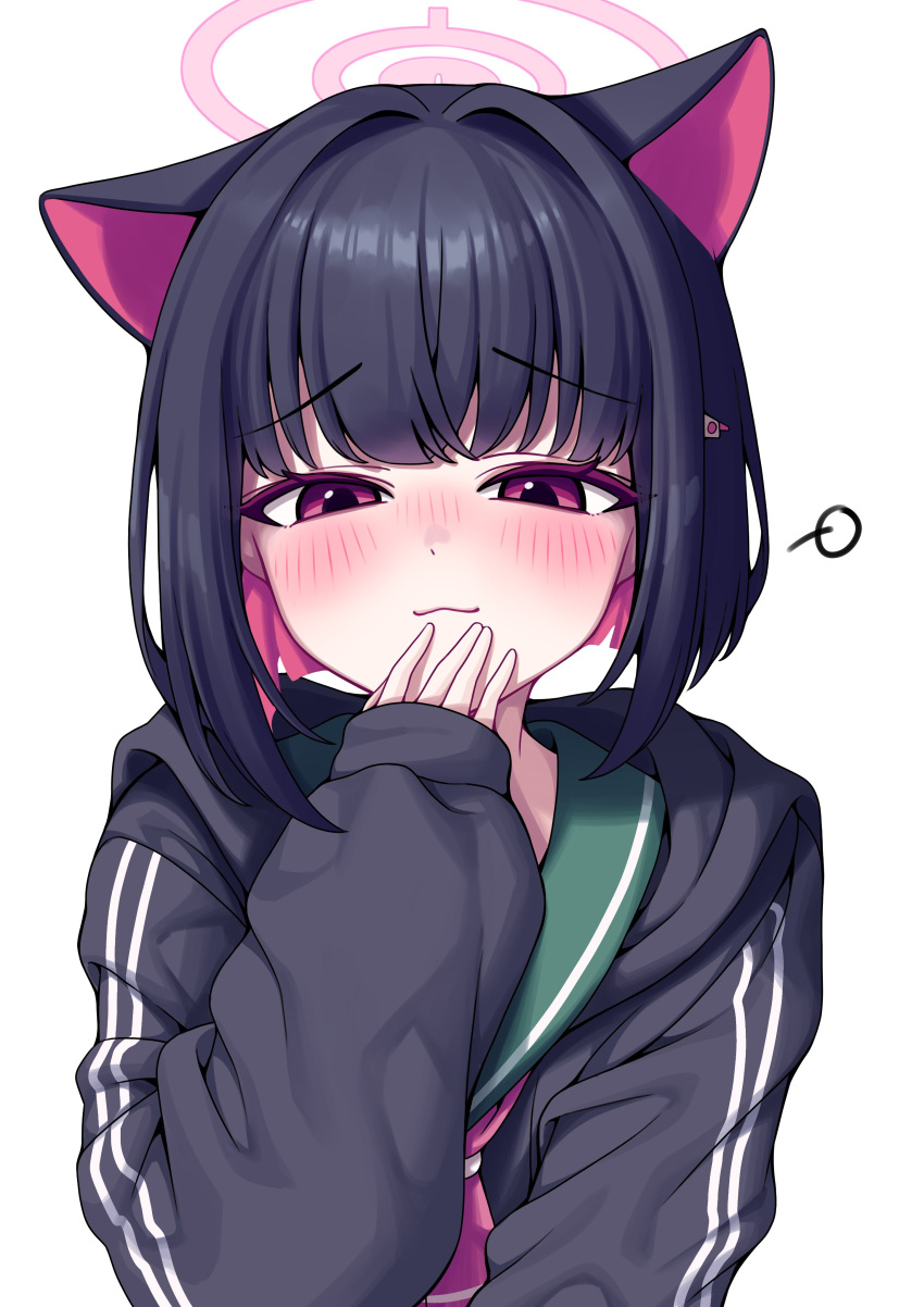 1girl absurdres animal_ears black_hair black_hoodie blue_archive blush bob_cut cat_ears closed_mouth colored_inner_hair commentary_request extra_ears green_sailor_collar hair_intakes hair_ornament hairclip halo hand_to_own_mouth highres hood hooded_track_jacket hoodie jacket kazusa_(blue_archive) long_sleeves looking_at_viewer medium_hair metaljelly multicolored_hair necktie pink_eyes pink_hair pink_halo pink_necktie sailor_collar simple_background sleeves_past_wrists smile smug solo track_jacket two-tone_hair upper_body white_background