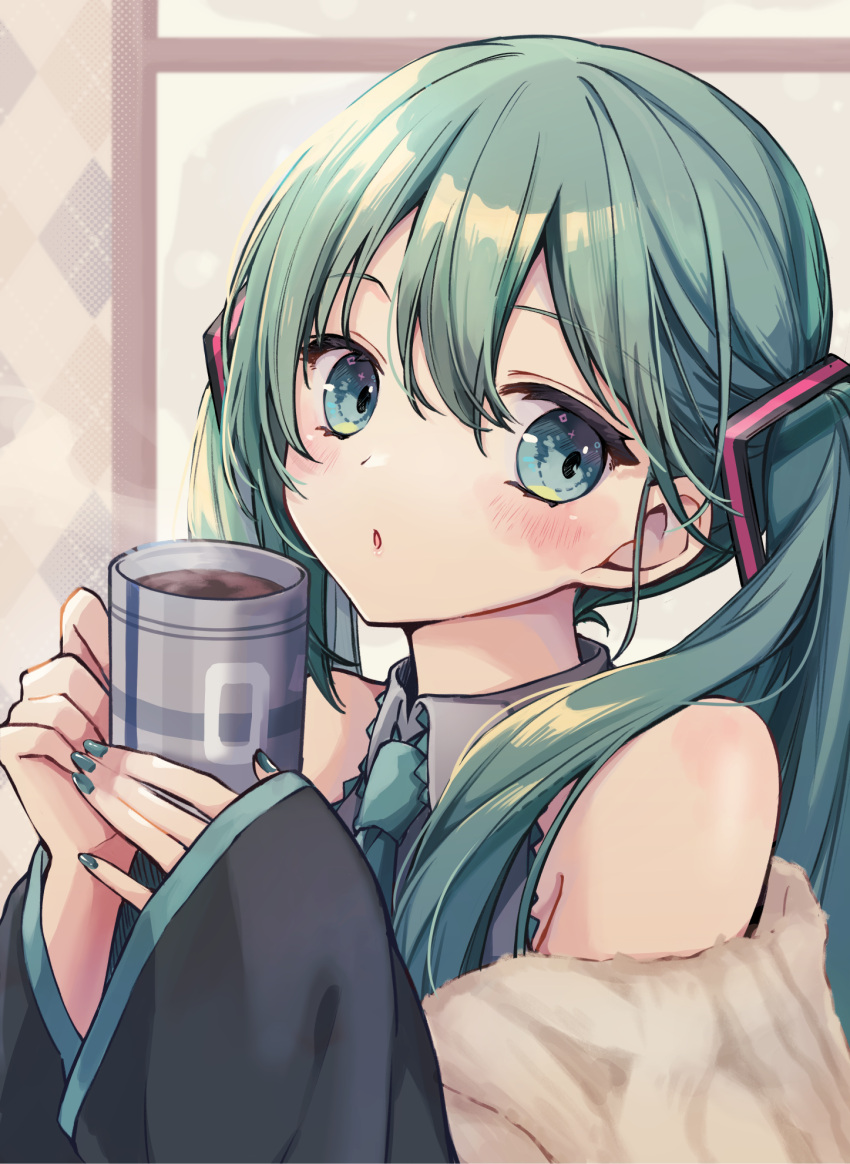 1girl blue_eyes blue_hair blush collared_shirt cup detached_sleeves drink hair_ornament hatsune_miku highres holding holding_cup long_hair long_sleeves looking_to_the_side mug nagitofuu nail_polish necktie off_shoulder parted_lips shirt sleeveless sleeveless_shirt solo steam sweater twintails upper_body vocaloid