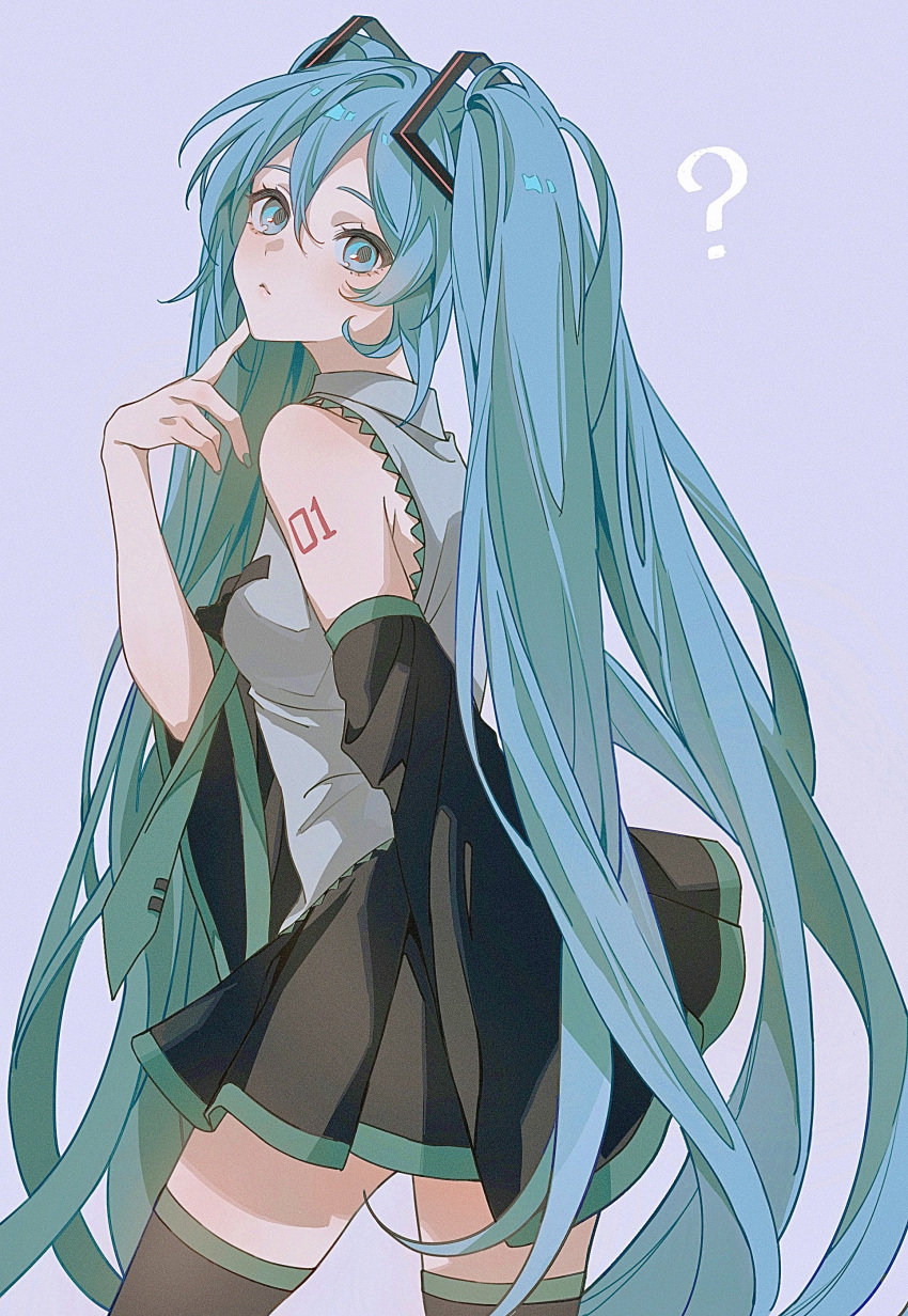 1girl ? absurdres bare_shoulders black_skirt black_sleeves blue_eyes blue_hair cowboy_shot detached_sleeves finger_to_own_chin from_behind grey_shirt hair_between_eyes hair_ornament hand_up hatsune_miku highres long_hair long_sleeves looking_at_viewer looking_back mameko_(l8_w3) miniskirt number_tattoo shirt simple_background skirt sleeveless sleeveless_shirt solo standing tattoo thighhighs twintails very_long_hair vocaloid wide_sleeves zettai_ryouiki