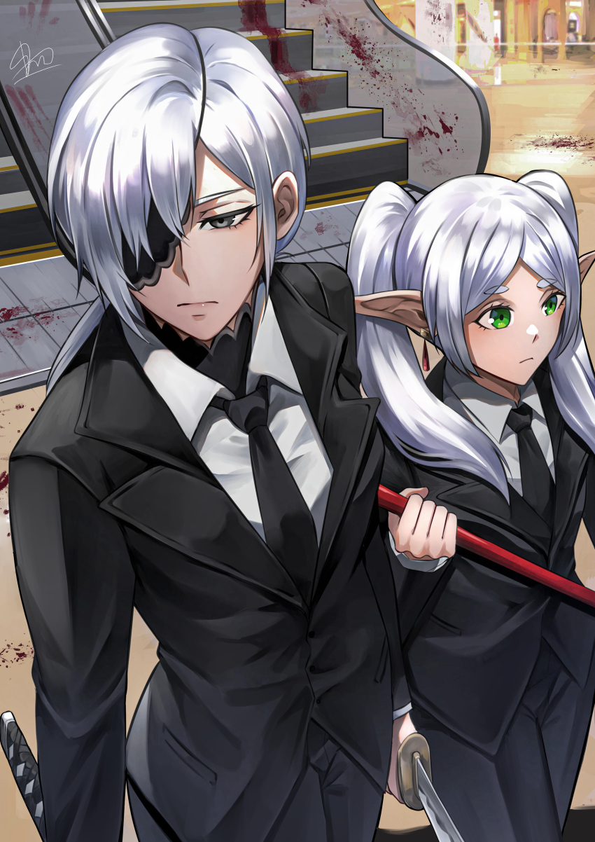 1boy 1girl absurdres asarizer blood chainsaw_man closed_mouth earrings elf escalator eyepatch frieren green_eyes grey_eyes grey_hair highres himmel_(sousou_no_frieren) jewelry long_hair long_sleeves pointy_ears sousou_no_frieren twintails white_hair