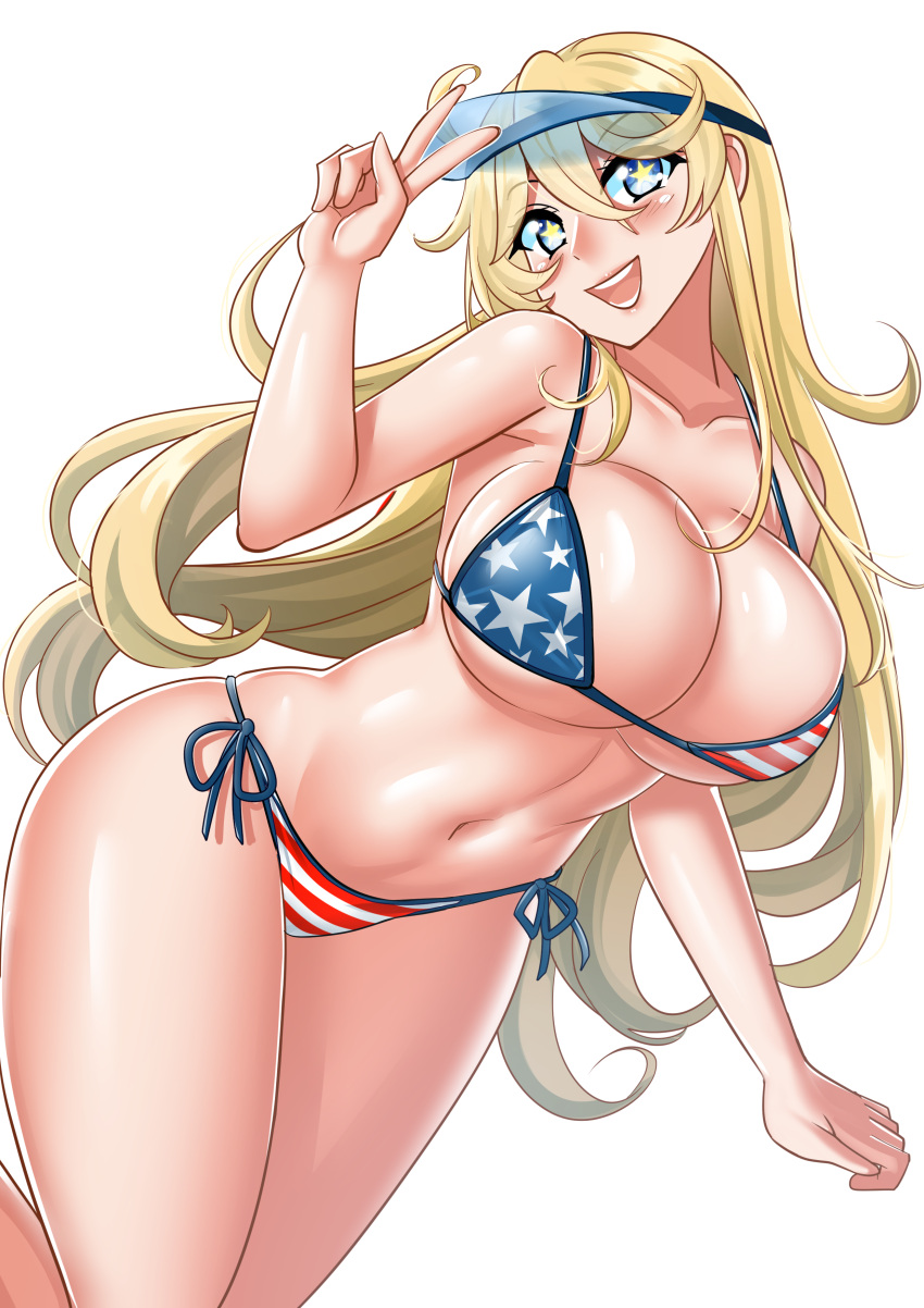 1girl absurdres american_flag_bikini bikini blonde_hair blue_eyes breasts cleavage collarbone commission english_commentary feet_out_of_frame flag_print highres iowa_(kancolle) kantai_collection katou_shinobu large_breasts long_hair mixed-language_commentary pixiv_commission side-tie_bikini_bottom smile solo star-shaped_pupils star_(symbol) swimsuit symbol-shaped_pupils teeth v visor_cap