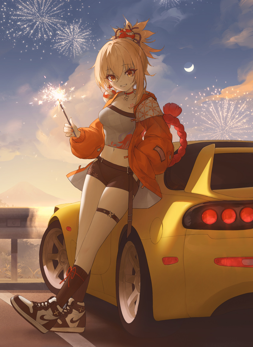 1girl absurdres alternate_costume black_footwear black_shorts blonde_hair butterfly_choker car casual chest_tattoo choker cloud collarbone commentary contemporary crescent_moon fireworks full_body genshin_impact grin hand_in_pocket high_tops highres holding_fireworks jacket juffles long_hair long_sleeves looking_at_viewer mazda mazda_rx-7 mazda_rx-7_fd moon motor_vehicle navel nike open_clothes open_jacket orange_eyes orange_jacket orange_nails outdoors ponytail puffy_long_sleeves puffy_sleeves red_choker shoes shorts smile sneakers solo sparkler tattoo thigh_strap two-tone_footwear white_footwear yoimiya_(genshin_impact)