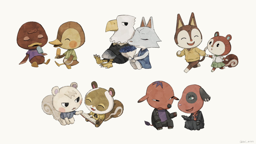 5boys 5girls :3 :d :o ^_^ animal_crossing animal_ear_piercing apollo_(animal_crossing) aqua_eyes bill_(animal_crossing) bird_boy bird_girl black_jacket black_pants black_ribbon black_sailor_collar black_serafuku black_skirt blue_dress blue_flower blue_rose blue_shirt blush blush_stickers book bouquet buttons cat_boy cherry_(animal_crossing) closed_eyes collared_dress collared_shirt commentary cyd_(animal_crossing) dog_girl dress ear_piercing elephant_boy flower food furry furry_female furry_male green_shirt green_skirt hand_up highres holding holding_book holding_bouquet holding_food holding_hands holding_popsicle hood hood_down hoodie jacket kaji_(oni_atat) kneeling looking_at_another marshal_(animal_crossing) molly_(animal_crossing) multiple_boys multiple_girls neck_ribbon neckerchief open_book open_clothes open_jacket open_mouth pants piercing pleated_skirt poppy_(animal_crossing) popsicle purple_shirt red_neckerchief ribbon rose rudy_(animal_crossing) running sailor_collar school_uniform serafuku shirt short_sleeves simple_background sitting skirt sleeveless sleeveless_dress smile squirrel_boy squirrel_girl striped_clothes striped_dress sylvana_(animal_crossing) symbol-only_commentary t-shirt talking talons triangle_mouth vertical-striped_clothes vertical-striped_dress white_background whitney_(animal_crossing) wolf_girl yellow_hoodie yellow_shirt