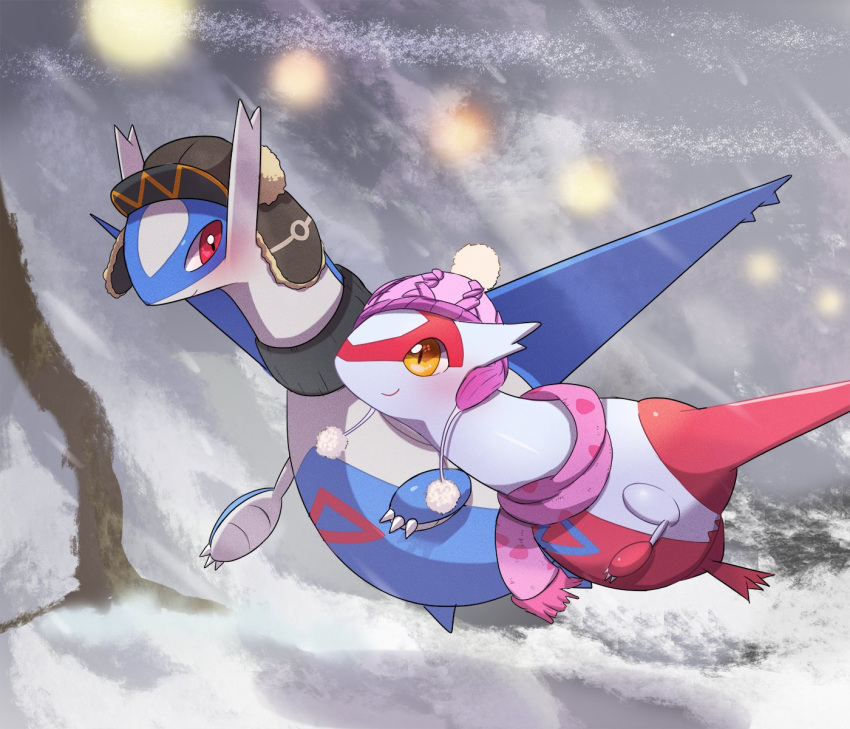 black_headwear bonte380381 clothed_pokemon headwear_request highres latias latios looking_at_another no_humans pink_headwear pink_scarf pokemon pokemon_(creature) red_eyes scarf smile yellow_eyes