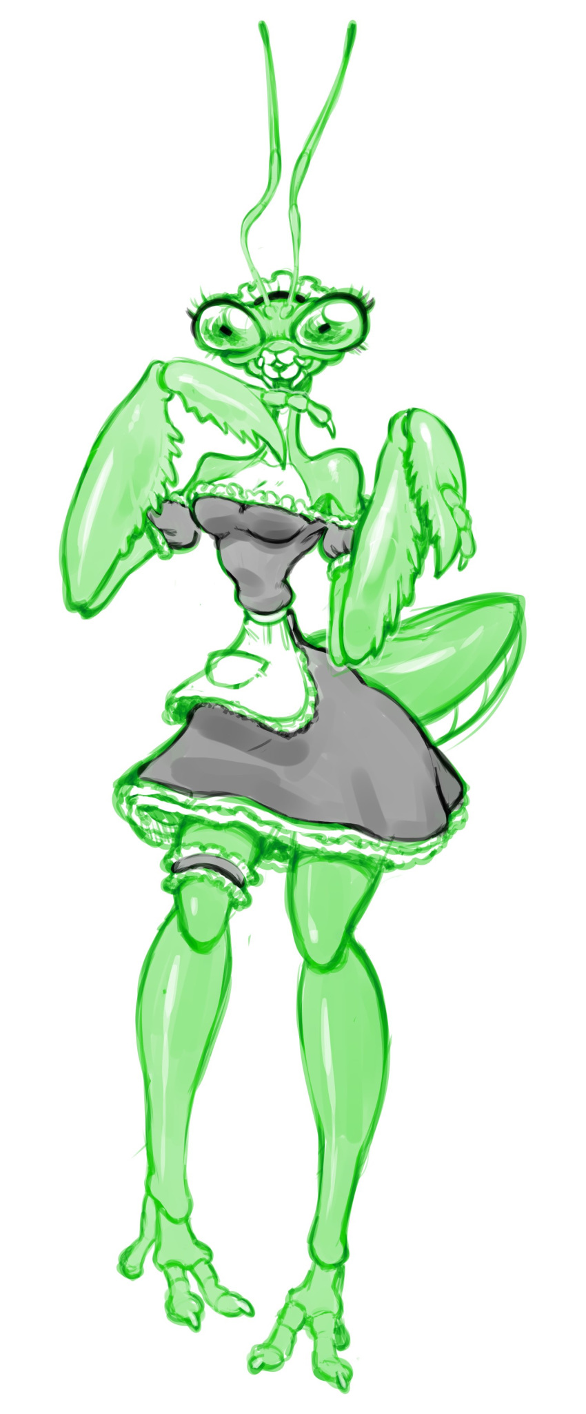 abdomen absurd_res antennae anthro apron arthropod breasts claws cleavage clothed clothing exoskeleton eyelashes garter goodbadartist hi_res insect maid_uniform mandibles mantis simple_background solo thin_waist uniform white_background wide_hips