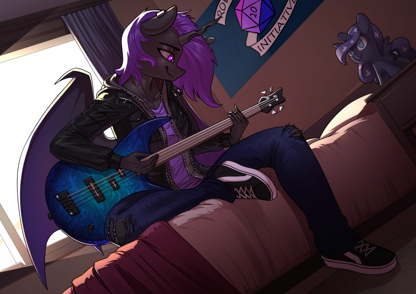 absurd_res anthro arthropod bat_pony bed black_body changeling clothing ear_piercing electric_guitar equid footwear friendship_is_magic furniture guitar hair hasbro hi_res hybrid jacket leather leather_clothing leather_jacket leather_topwear mammal musical_instrument my_little_pony on_bed piercing pink_eyes plucked_string_instrument princess_luna_(mlp) purple_hair shoes sitting sitting_on_bed string_instrument topwear underpable vans