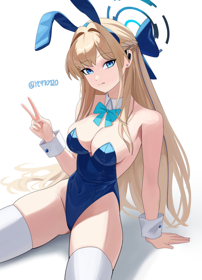 1girl absurdres animal_ears aqua_bow aqua_bowtie arm_support bare_shoulders blonde_hair blue_archive blue_bow blue_eyes blue_hairband blue_halo blue_leotard bow bowtie breasts cleavage closed_mouth covered_navel detached_collar earpiece fake_animal_ears hair_intakes hairband halo highleg highleg_leotard highres leotard long_hair looking_at_viewer medium_breasts playboy_bunny rabbit_ears sitting skindentation solo strapless strapless_leotard syc2159 thighhighs thighs toki_(blue_archive) toki_(bunny)_(blue_archive) twitter_username v white_thighhighs white_wrist_cuffs wrist_cuffs