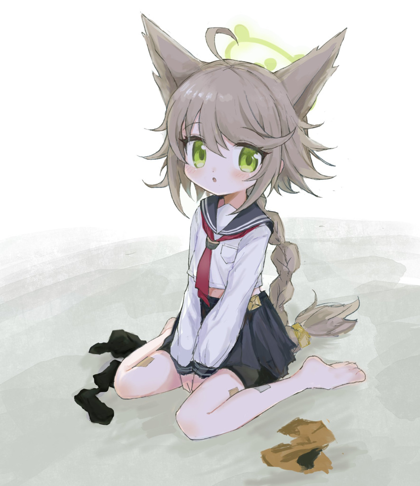 1girl animal_ears barefoot bike_shorts bike_shorts_under_skirt black_skirt blue_archive blush braid fox_ears fox_girl gloves green_eyes hair_between_eyes halo highres long_hair long_sleeves neckerchief otogi_(blue_archive) parted_lips pleated_skirt red_neckerchief reitoubeef sailor_collar school_uniform serafuku simple_background single_braid sitting skirt solo unworn_gloves unworn_socks wariza