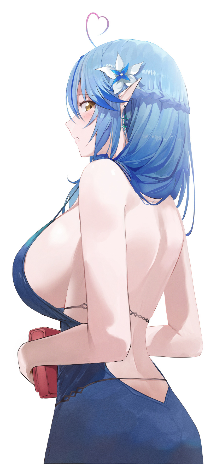 1girl absurdres ahoge al_ryude backless_dress backless_outfit bag blue_hair braid breasts dress earrings elf flower hair_flower hair_ornament heart heart_ahoge highres holding holding_bag hololive jewelry large_breasts long_hair parted_lips pointy_ears sideboob simple_background solo strap_gap virtual_youtuber white_background women's_wallet yellow_eyes yukihana_lamy