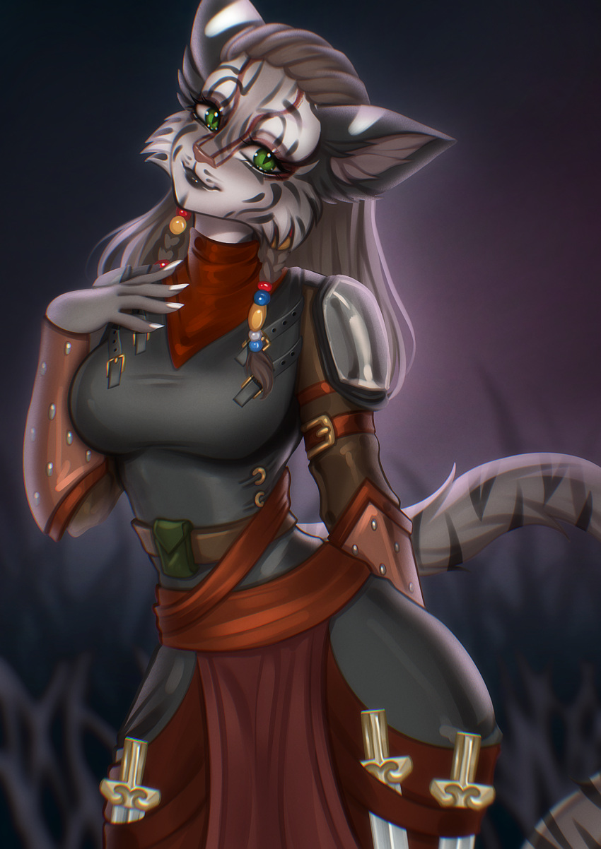 adorableinall armor beads bethesda_softworks clothed clothing dagger felid female green_eyes hi_res khajiit looking_at_viewer mammal melee_weapon red_face_paint simple_background solo tail talaji-daro the_elder_scrolls the_elder_scrolls_online weapon