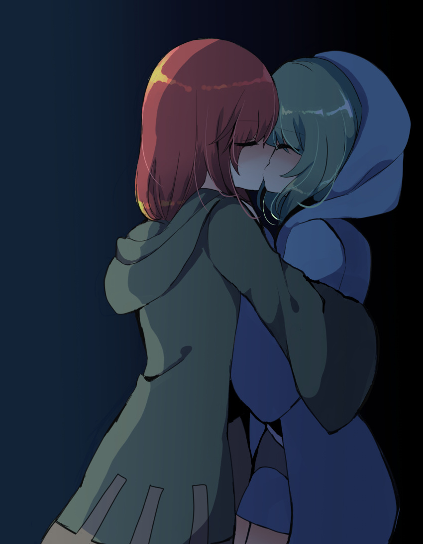 2others androgynous black_shirt blue_coat blue_pants closed_eyes coat commentary_request gradient_background green_coat green_hair highres hood hood_down hood_up hooded_coat hug incest kiss len'en long_sleeves medium_hair multiple_others other_focus ougi_hina pants red_hair shirt shitodo_aoji shitodo_hooaka simple_background