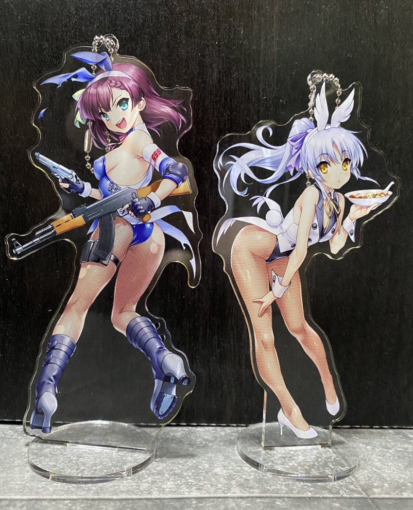 2girls :d acrylic_stand alternate_costume alternate_hairstyle angel angel_beats! animal_ears aqua_eyes ass backboob bare_shoulders black_footwear black_gloves black_leotard blue_leotard boots bow braid breasts commentary_request curvy detached_collar fake_animal_ears fake_tail fake_wings fingerless_gloves fishnet_pantyhose fishnets floating_hair food from_behind full_body gloves green_bow gun hair_bow hairband hand_on_own_thigh handgun high_heels highleg highleg_leotard highres holding holding_gun holding_plate holding_weapon leaning_forward leotard long_hair looking_at_viewer looking_back mapo_tofu medium_breasts medium_hair multiple_girls nakamura_yuri neck_ribbon nontraditional_playboy_bunny open_mouth pantyhose parted_lips photo_(medium) plate playboy_bunny ponytail purple_bow purple_hair rabbit_ears rabbit_tail ribbon round_teeth sidelocks small_breasts smile standing strapless strapless_leotard tachibana_kanade tail teeth thighs torn_clothes torn_pantyhose upper_teeth_only weapon white_footwear white_hair white_hairband white_wrist_cuffs wings wrist_cuffs yellow_eyes yellow_ribbon zen_(kamuro)