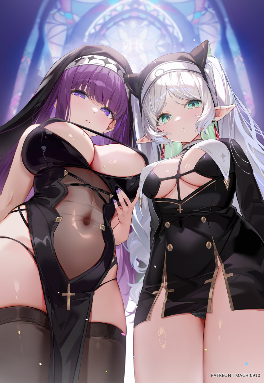 2girls absurdres alternate_costume black_dress black_headwear black_thighhighs blunt_bangs breasts cleavage_cutout closed_mouth clothing_cutout commentary covered_navel dress elf fern_(sousou_no_frieren) frieren from_below green_eyes highres large_breasts long_hair looking_at_viewer machi_(7769) medium_breasts multiple_girls nun open_mouth panty_straps patreon_username pelvic_curtain pointy_ears purple_eyes purple_hair side_slit sousou_no_frieren symbol-only_commentary thighhighs twintails veil white_hair