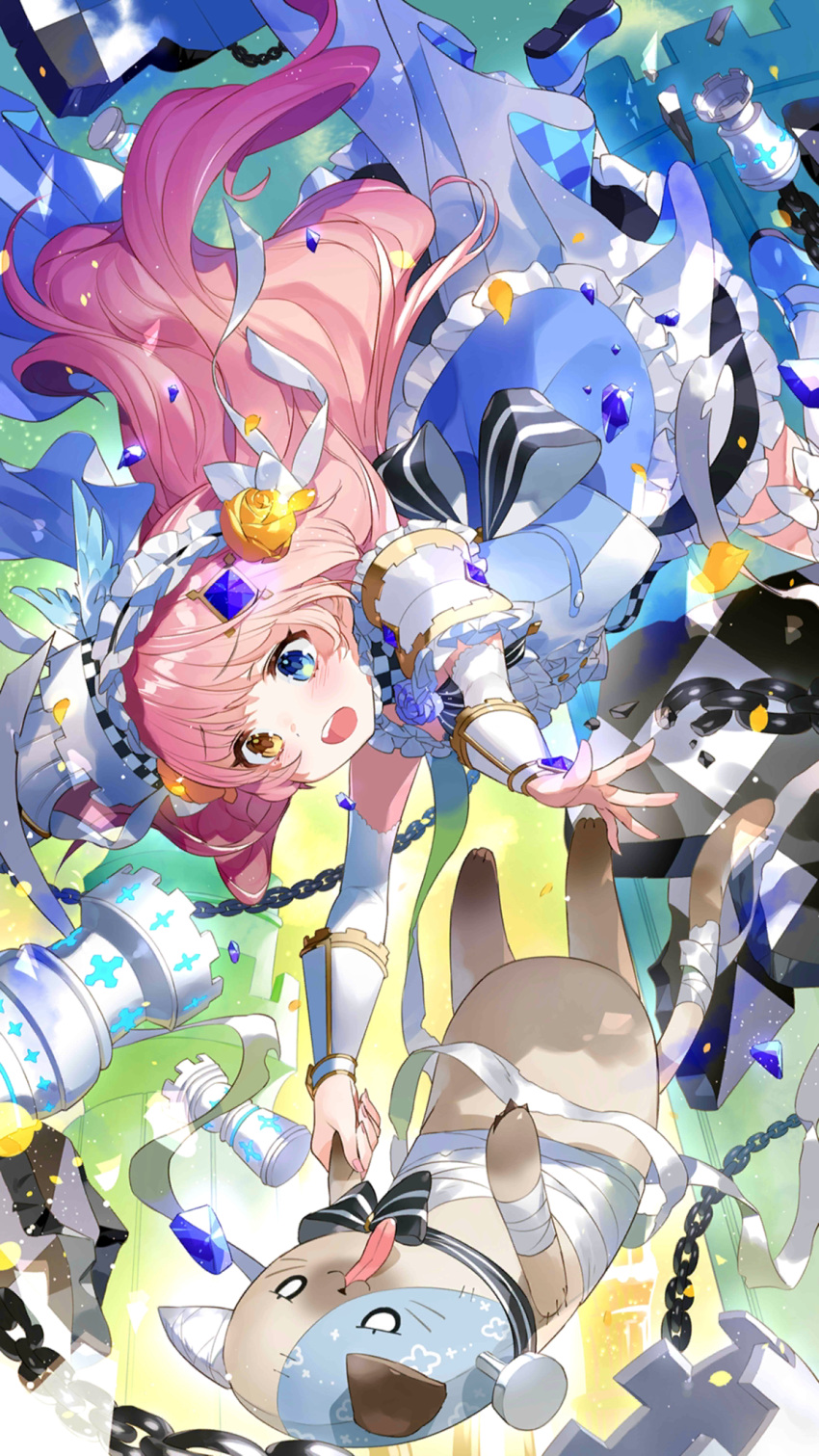 1girl :o back_bow blue_dress blue_eyes blue_footwear board_game bow chain chess chess_piece dress eksistere_kyrenia falling floating_hair flower foot_out_of_frame frilled_dress frilled_hairband frills gem gem_hair_ornament girl_cafe_gun green_background hair_flower hair_ornament hairband heterochromia highres holding holding_stuffed_toy long_hair official_art open_mouth outstretched_arms pink_hair purple_gemstone rook_(chess) rose solo stuffed_animal stuffed_cat stuffed_toy teeth upper_teeth_only upside-down white_arm_warmers white_hairband yellow_eyes yellow_flower yellow_rose