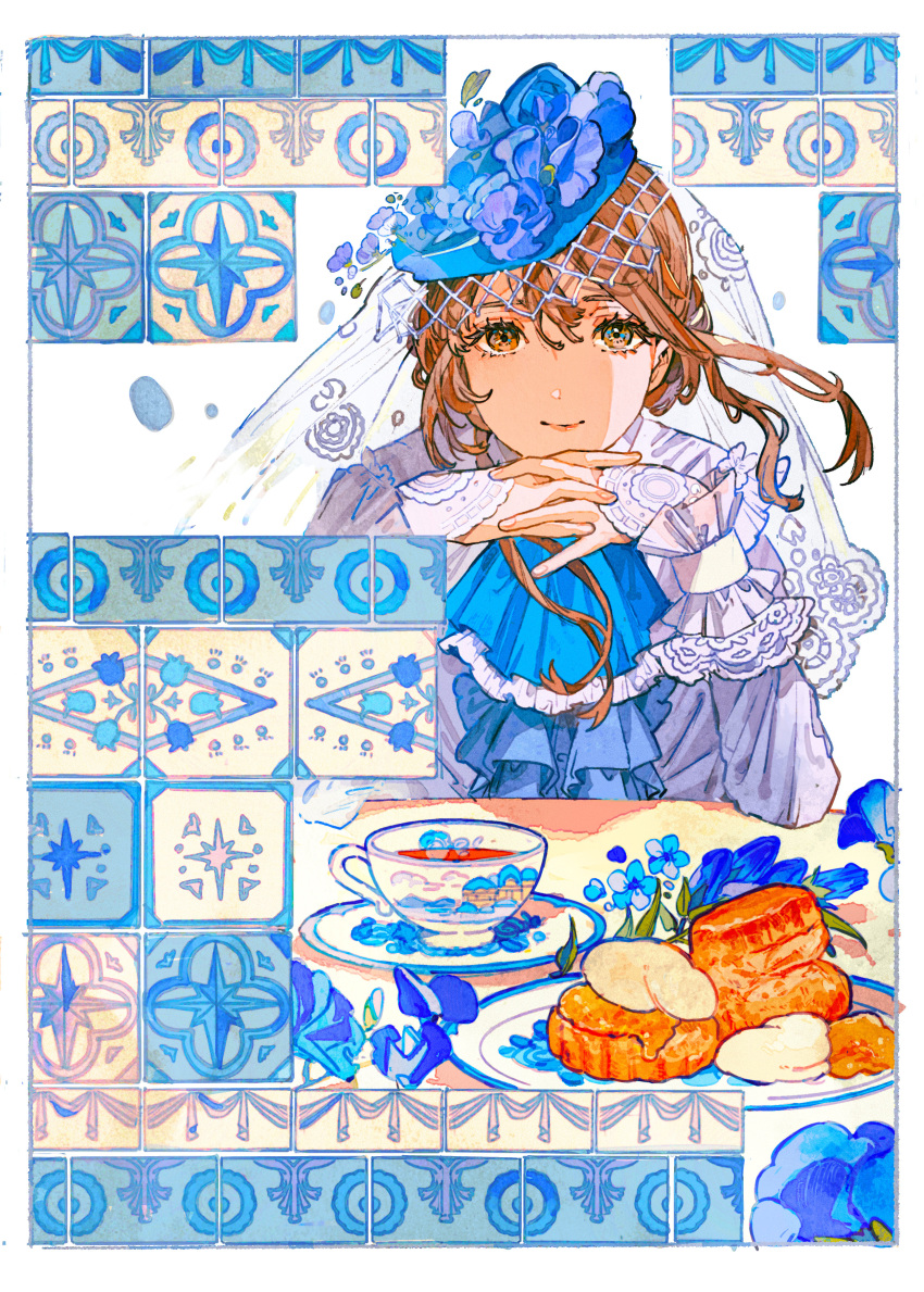 1girl absurdres ascot blue_ascot blue_flower brown_eyes brown_hair buchi_(qooo003) closed_mouth commentary_request cup dress flower food food_request highres interlocked_fingers long_sleeves looking_at_viewer original own_hands_together petals saucer sleeves_past_wrists smile solo table teacup upper_body veil white_background white_dress